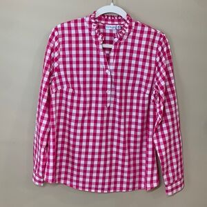 Kim Roger’s Hot Pink Gingham Popover, Neck Ruffle, Long Sleeves w/Tabs, PM EUC